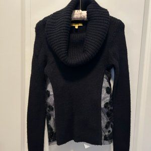 CATHERINE MALANDRINO BLACK RIBBED LONG SLEEVS SIDE MESH ENBROIDED INSERTS